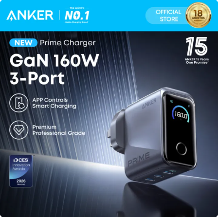 Anker Prime Charger, 160W 3-Port Compact GaN USB C Charger Block, Smart Display and Touch Control, 140W Max Charging via Any Single Port, for MacBook Pro/Air, Laptop, iPhone 17/16 Series - A2687