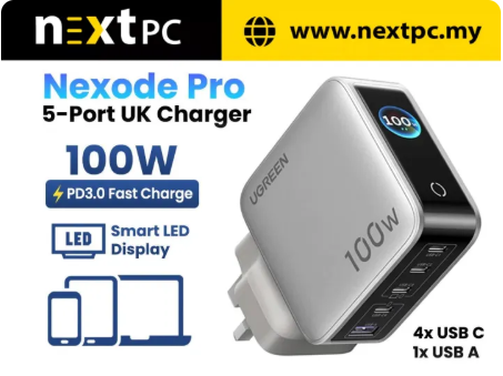 [Ready Stock] UGREEN Nexode Pro 100W 4C1A Gan Fast Charger with Smart Display (UG-X773-65621B) / 2 Years Warranty