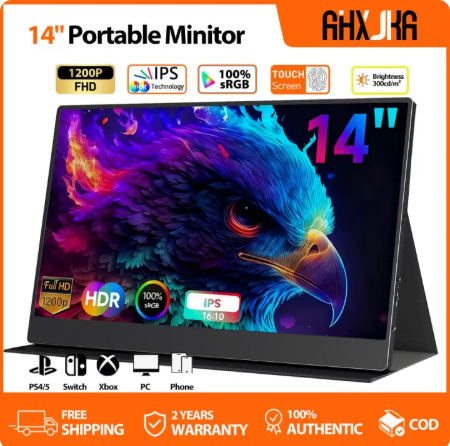 AHXJKA 14inch Touch Screen Portable Monitor For Laptop 1200P FHD Built-in Dual Speakers 100%sRGB Extension Screen For Computer Phone PS3/4/5 Switch Xbox With Dual Speakers